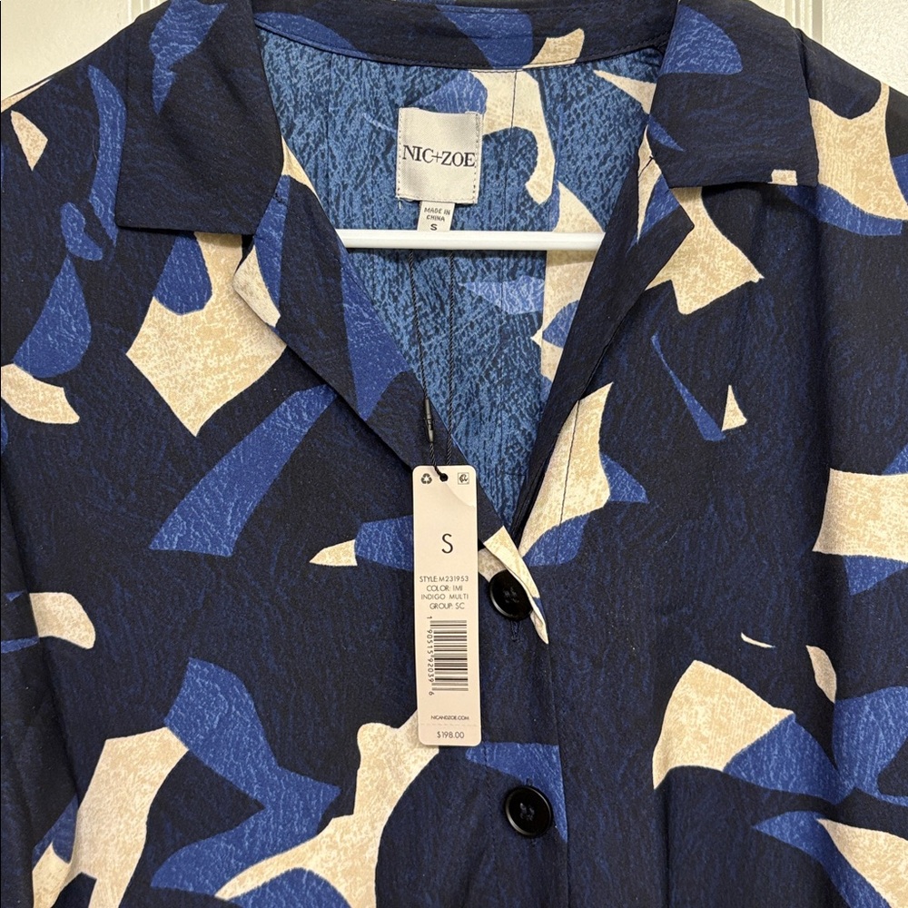 NWT NIC+ZOE Abstract Print Billow Shirt Dress Black Blue White Size S - Picture 4 of 11